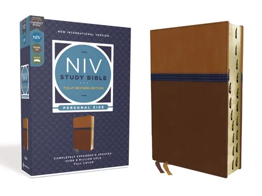 Bible d'étude NIV, édition entièrement révisée, format personnel, cuir souple, brun/bleu, lettres rouges, indexation au pouce, impression confortable - NIV Study Bible, Fully Revised Edition, Personal Size, Leathersoft, Brown/Blue, Red Letter, Thumb Indexed, Comfort Print