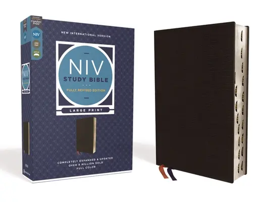 Bible d'étude NIV, édition entièrement révisée, gros caractères, cuir collé, noir, lettres rouges, indexation au pouce, impression confortable - NIV Study Bible, Fully Revised Edition, Large Print, Bonded Leather, Black, Red Letter, Thumb Indexed, Comfort Print