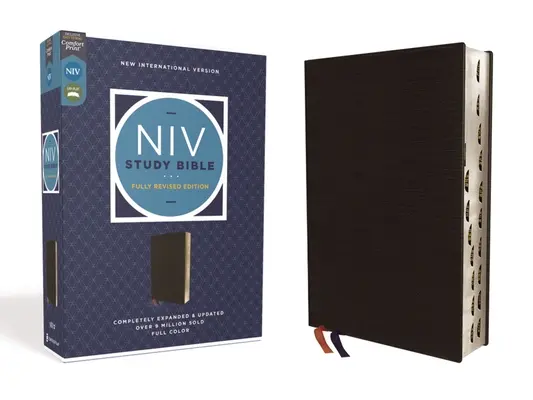 Bible d'étude NIV, édition entièrement révisée, cuir bondé, noir, lettres rouges, indexation au pouce, impression confortable - NIV Study Bible, Fully Revised Edition, Bonded Leather, Black, Red Letter, Thumb Indexed, Comfort Print