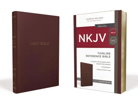 NKJV, Thinline Reference Bible, Leather-Look, Burgundy, Red Letter Edition, Comfort Print
