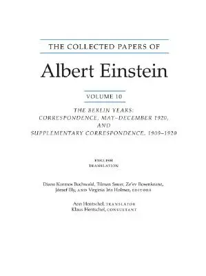 Recueil des écrits d'Albert Einstein, volume 10 (anglais) : Les années berlinoises : Correspondance, mai-décembre 1920, et correspondance supplémentaire, 1 - The Collected Papers of Albert Einstein, Volume 10 (English): The Berlin Years: Correspondence, May-December 1920, and Supplementary Correspondence, 1