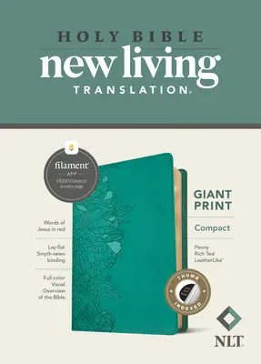 NLT Compact Giant Print Bible, Filament Enabled Edition (Lettre rouge, simili-cuir, Peony Rich Teal, indexée) - NLT Compact Giant Print Bible, Filament Enabled Edition (Red Letter, Leatherlike, Peony Rich Teal, Indexed)