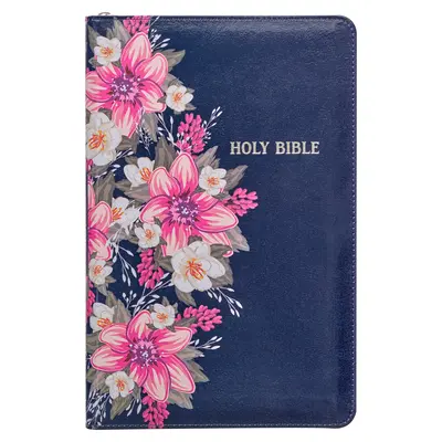 KJV Holy Bible Standard Size Faux Leather Red Letter Edition - Thumb Index & Ribbon Marker, King James Version, Blue Floral, Zipper Closure