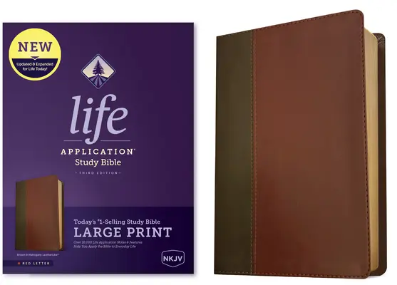 NKJV Life Application Study Bible, troisième édition, gros caractères (lettres rouges, similicuir, marron/acajou) - NKJV Life Application Study Bible, Third Edition, Large Print (Red Letter, Leatherlike, Brown/Mahogany)
