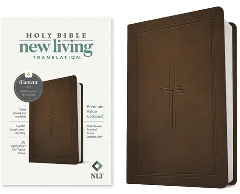 Bible compacte NLT Premium Value, édition avec filament (simili-cuir, croix encadrée marron foncé) - NLT Premium Value Compact Bible, Filament-Enabled Edition (Leatherlike, Dark Brown Framed Cross)