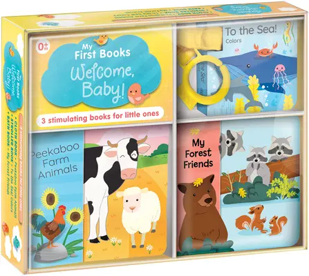 Mes premiers livres : Bienvenue, bébé ! Trois livres stimulants dans une seule boîte : Livre pour le bain, livre pour le linge, livre pour la poussette - My First Books: Welcome, Baby!: Three Stimulating Books in One Box: Bath Book, Cloth Book, Stroller Book