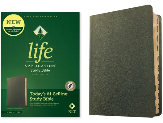 NLT Life Application Study Bible, troisième édition (cuir véritable, vert olive, index, lettre rouge) - NLT Life Application Study Bible, Third Edition (Genuine Leather, Olive Green, Indexed, Red Letter)